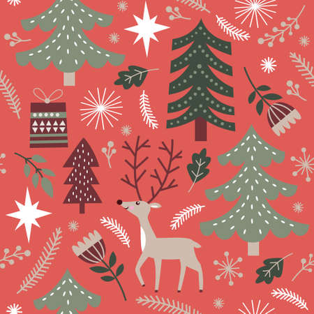 Christmas seamless pattern. Cute deer, christmas trees, fir branches, snowflakesのイラスト素材