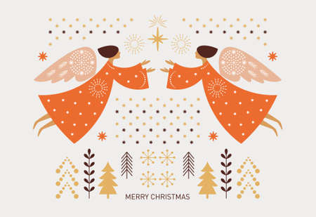 Christmas card. Vector illustration. two Flying Christmas angels with xmas starのイラスト素材