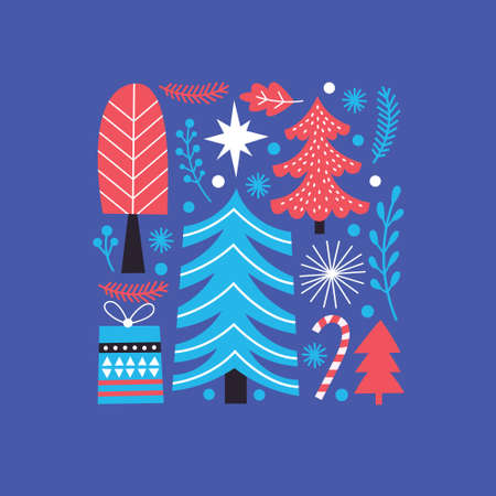 Christmas illustration. Ð¡hristmas trees, fir branches, snowflakes.のイラスト素材