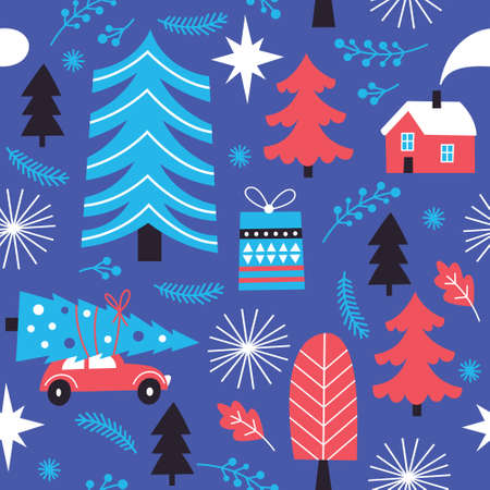 Christmas seamless illustrations. Car with xmas tree, fir branches, snowflakes, toysのイラスト素材