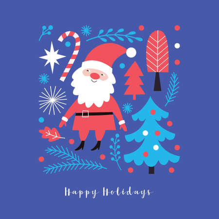 Christmas illustration. Cute santa, christmas trees, fir branches, snowflakes.のイラスト素材