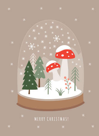 Vector illustration of Christmas Snow Globe with winter landscape and amanita mushroomsのイラスト素材
