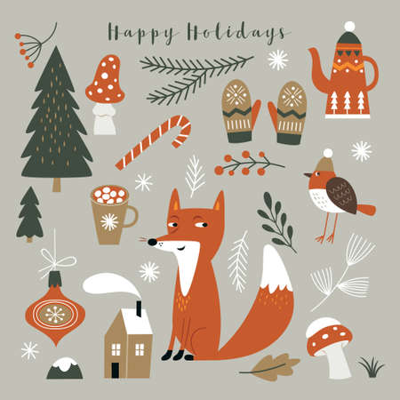 set of design elements, xmas illustrationsのイラスト素材