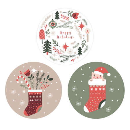 Set of Christmas emblems, stickers. Round illustrationのイラスト素材