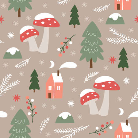 Seamless xmas pattern with fir trees and amanita mushroomsのイラスト素材