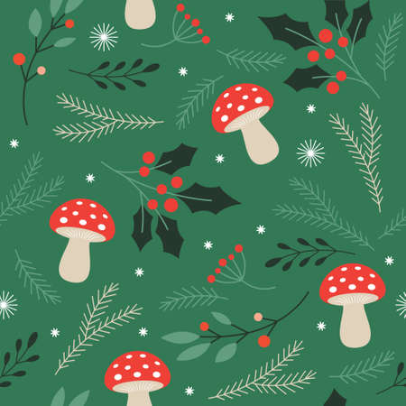 Seamless xmas pattern with fir trees and amanita mushroomsのイラスト素材