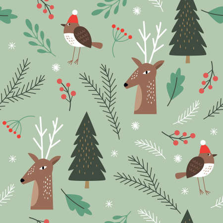 seamless christmas pattern with deers, virds and treesのイラスト素材