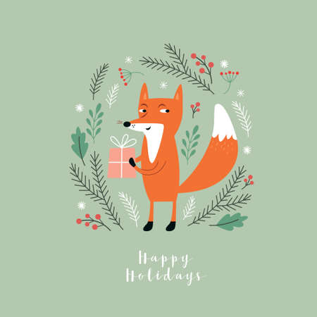 Cute fox with gift box, Christmas cardのイラスト素材