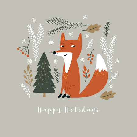 Christmas card. Cute fox and fir tree and branches.のイラスト素材