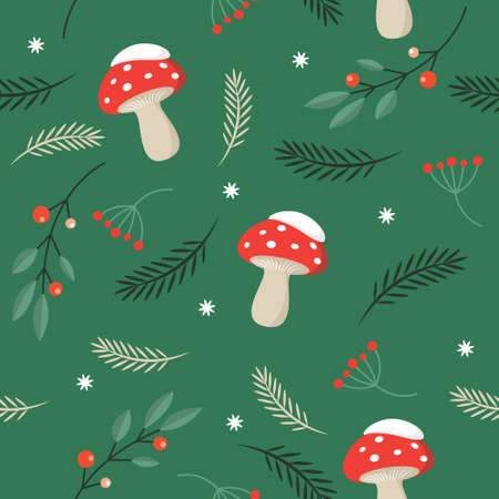 Seamless xmas pattern with fir trees and amanita mushroomsのイラスト素材