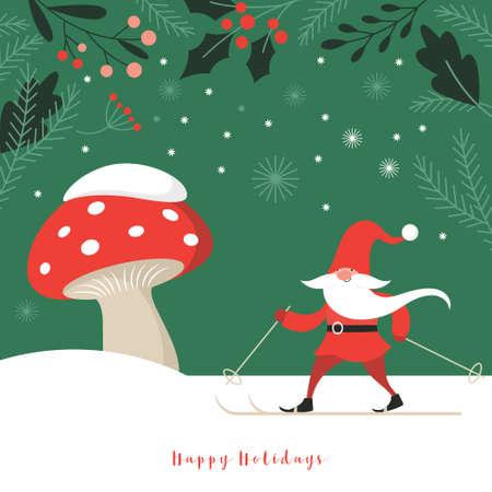 Christmas card. Xmas Gnome ski and amanita mushroomのイラスト素材