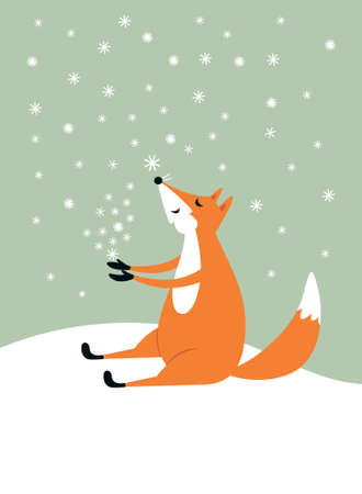 The cute fox catching snowflakes. Winter illustration. Christmas and New Year cardのイラスト素材