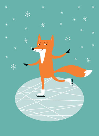 Christmas card. Cute the fox is ice skatingのイラスト素材