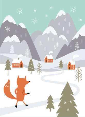 The fox goes to a village in mountainsのイラスト素材