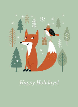 Christmas card. Cute Fox and little bird with giftのイラスト素材