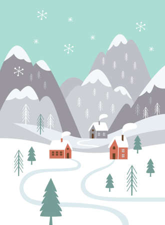 Christmas card. Winter landscape. A village in the mountainsのイラスト素材