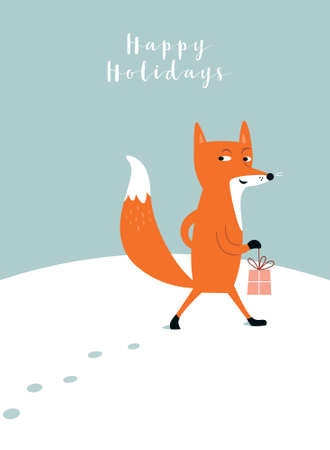 Christmas and new year card. The fox goes with giftsのイラスト素材