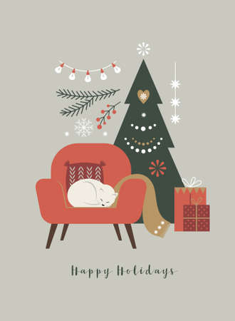 Christmas and New Year card. The Cat sleeps on the sofaのイラスト素材