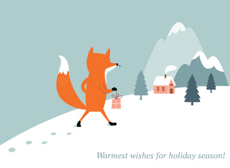 Christmas and new year card. The fox goes with gifts to villageのイラスト素材
