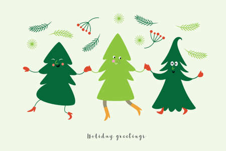 Cute funny cartoon Christmas treesのイラスト素材