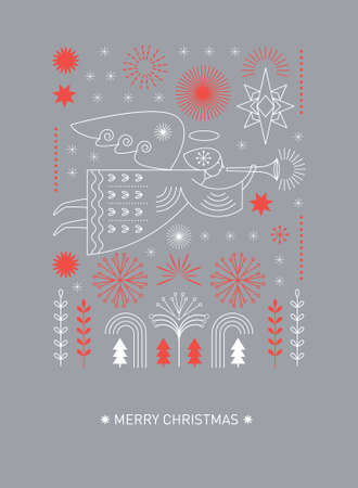 Christmas card. Flying Christmas angel and xmas star. Vector illustration in minimal geometric styleのイラスト素材
