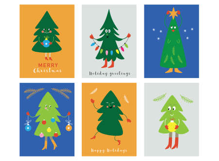 Set of Christmas cards. Cute funny cartoon Christmas treesのイラスト素材