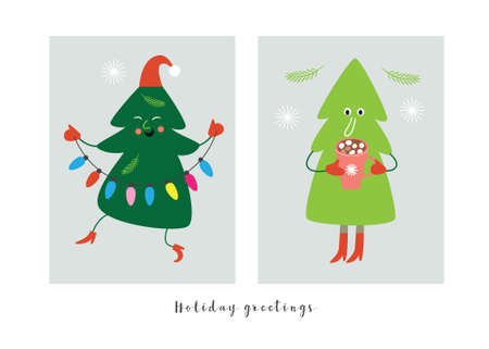 Christmas and New Year cards, banners with cartoon Christmas treesのイラスト素材