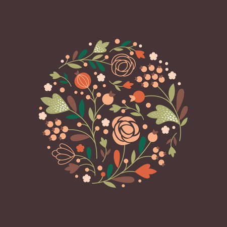 Floral round illustration, flowers and brushesのイラスト素材