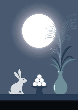 Moon viewing event illustration. Mid-autumn festival banner. Full moon and rabbit, silver grass or pampas grass and japanese dango.のイラスト素材