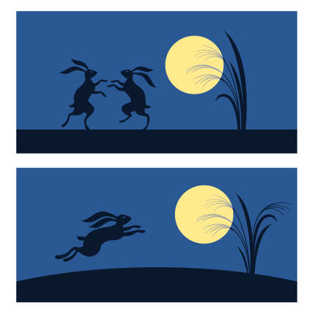 moon view illustration. Full moon, silver grass and rabbits silhouette. horizontal bannersのイラスト素材