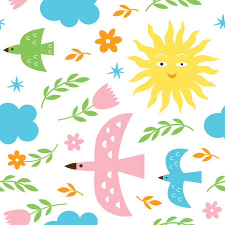 Seamless pattern with birds, sun and flowers. Fabric pattern, kids apparel printのイラスト素材