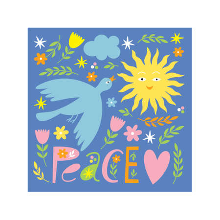world peace poster. Lettering, dove of peace, flowers, sun, symbols of peaceのイラスト素材