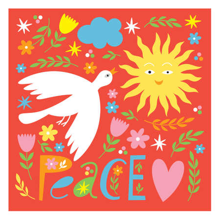 world peace poster. Lettering, dove of peace, flowers, sun, symbols of peaceのイラスト素材