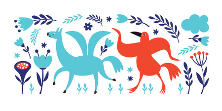 Horizontal card with whimsical bird and winged horse, floral and decorativeのイラスト素材