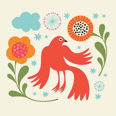 Greeting card with red bird and flowersのイラスト素材
