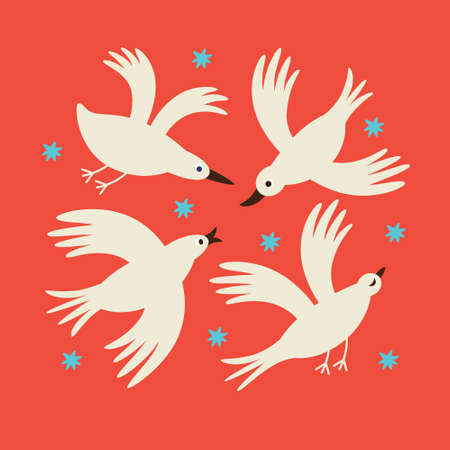 Greeting card, vector illustration with four birds on a redのイラスト素材
