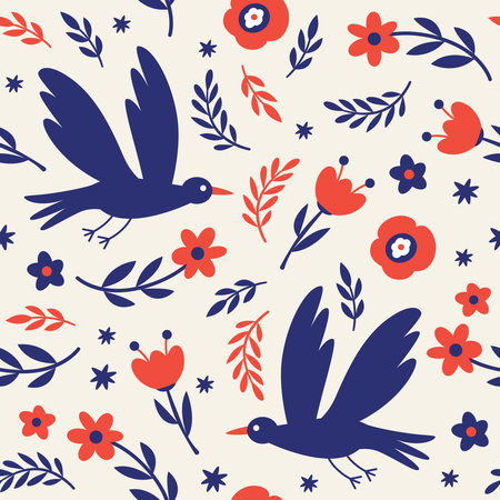 Seamless pattern with birds and flowers. Fabric pattern, pparel print, wrapping paperのイラスト素材