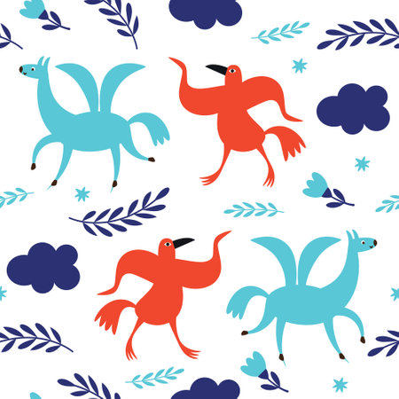 Seamless pattern with whimsical birds and horses. Fabric pattern, kids apparel print, wrapping paperのイラスト素材