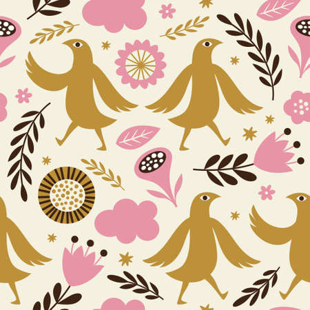 Seamless pattern with birds and flowers. Fabric pattern, apparel print, wrapping paperのイラスト素材