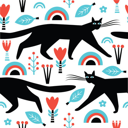 Black Cats and flowers, seamless vector illustrationのイラスト素材