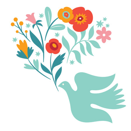 Dove of peace. Flying bird with branches and flowersのイラスト素材