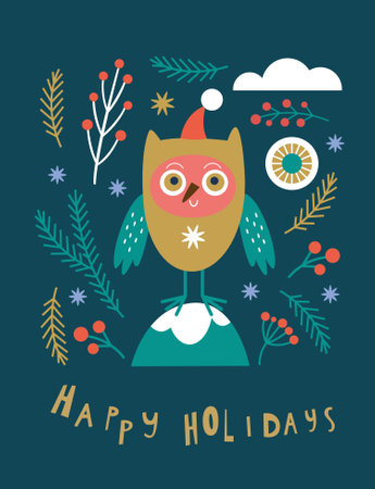 Christmas card, Seasons greetings illustration, cute owlのイラスト素材
