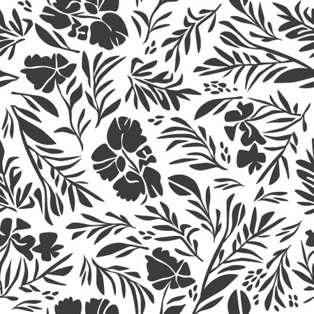 Black and white floral pattern, seamless vector illustration. Abstract leaves and flowersのイラスト素材