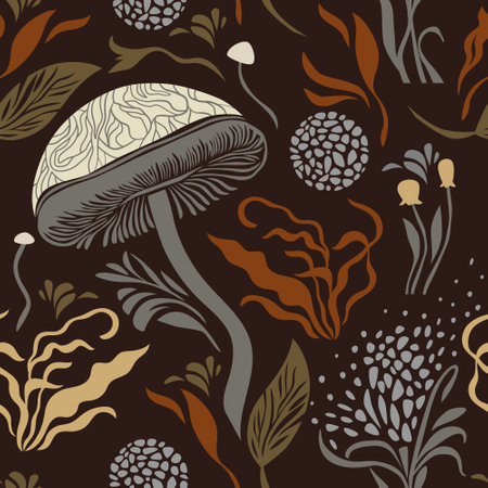 Seamless pattern with mushrooms and plants. vector illustration.のイラスト素材
