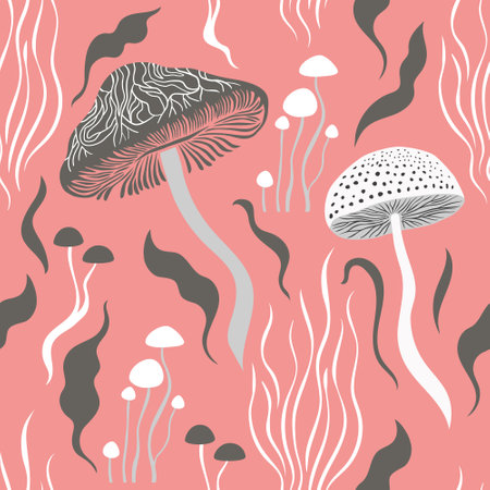 Seamless pattern with mushrooms and seaweed. vector illustration.のイラスト素材
