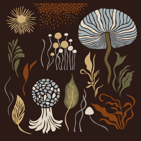 Mushrooms and plants, leaves and branches, botanical illustrationのイラスト素材