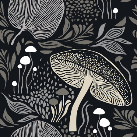 Seamless pattern with hand drawn mushrooms and leaves. vector illustration.のイラスト素材