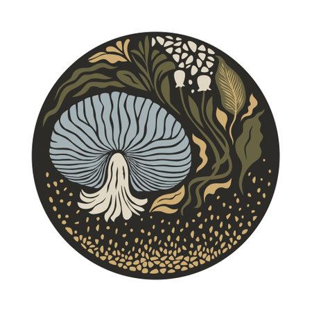 Mushrooms and plants, leaves and branches, botanical illustration circleのイラスト素材