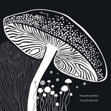 Mushrooms and plants, leaves and branches, botanical illustrationのイラスト素材