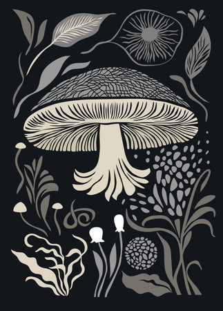 Mushrooms and plants, leaves and branches, black and white botanical illustrationのイラスト素材